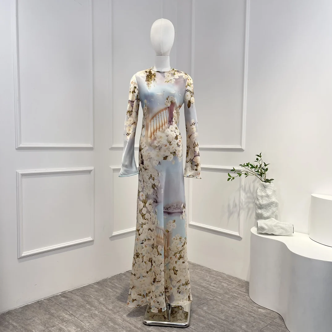Latest Collection 2023 Spring Summer Silk Gorgeous Floral Long Sleeves O-neck Maxi Hem Dresses for Women
Latest Collection 2023 Spring Summer Silk Gorgeous Floral Long Sleeves O-neck Maxi Hem Dresses for Women
