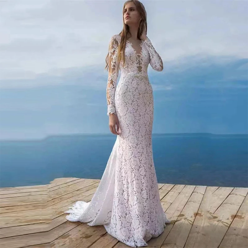 Sexy Mermaid Wedding Dress Long Lace Sleeves Deep V-Neck Bride Long Gown Lace Applique Sweep Train Robe De Mariée
Sexy Mermaid Wedding Dress Long Lace Sleeves Deep V-Neck Bride Long Gown Lace Applique Sweep Train Robe De Mariée