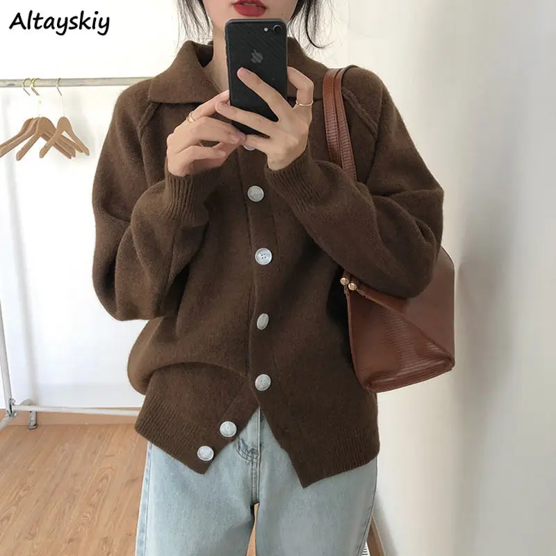 Women Cardigan Turn-down Collar Single Breasted Knitted Sweaters Solid Thicker Retro Long-sleeve Button Warm Casual Daily Loose 
Women Cardigan Turn-down Collar Single Breasted Knitted Sweaters Solid Thicker Retro Long-sleeve Button Warm Casual Daily Loose