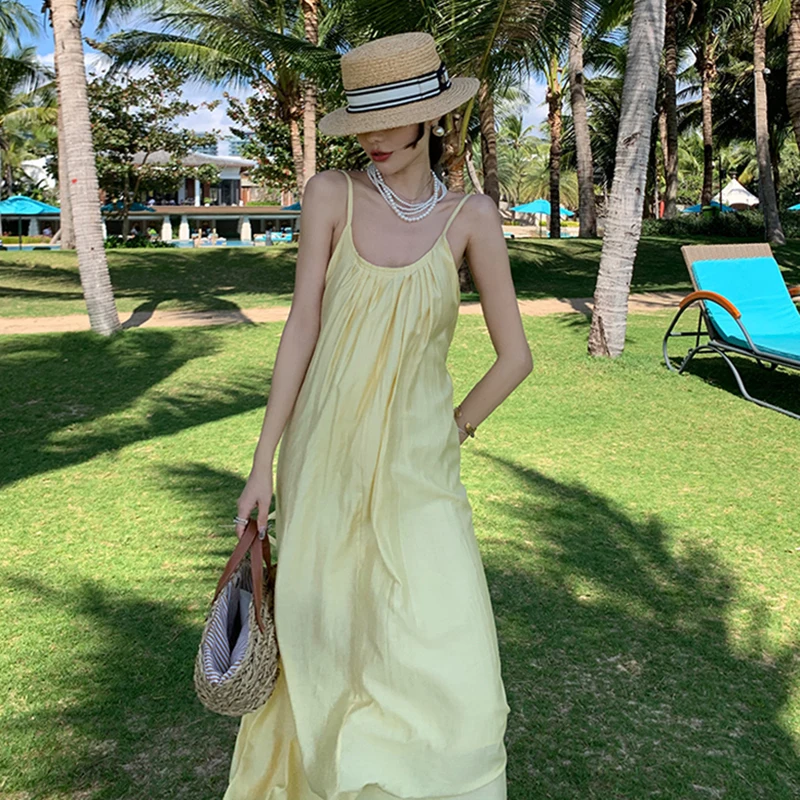

Real Shot French Simple Yellow Loose Lazy Dress Summer New Backless Long Strappy Robe Solid Midi V-Neck Vacation Beach Style