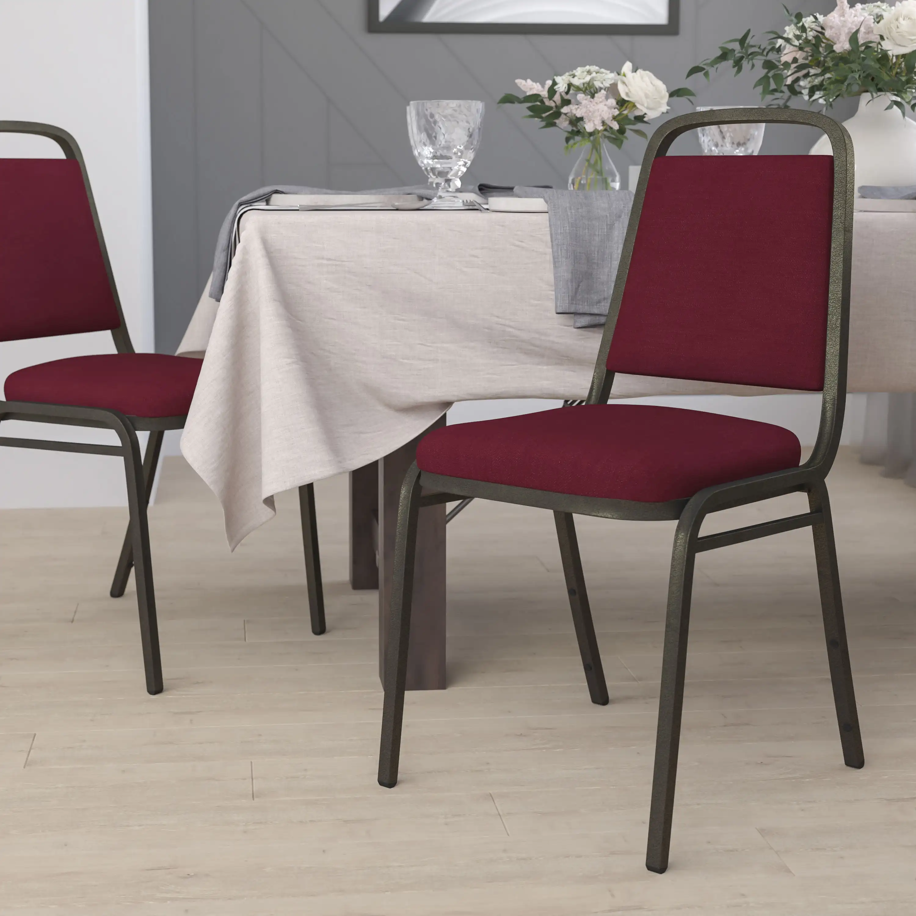 HERCULES Series Trapezoidal Back Stacking Banquet Chair in Burgundy Fabric - Gold Vein Frame
HERCULES Series Trapezoidal Back Stacking Banquet Chair in Burgundy Fabric - Gold Vein Frame