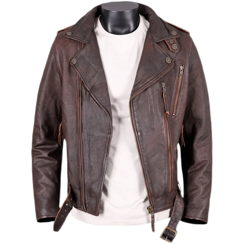 Мужская мотоциклетная куртка из натуральной воловьей кожи с ремнем 
Мужская мотоциклетная куртка из натуральной воловьей кожи с ремнем
