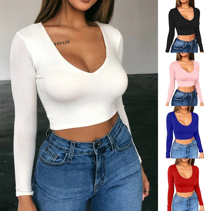 

Long-Sleeved Solid Color Bottoming Shirt t-Shirt Sexy Big Neckline Ultra-Short Low-Cut Tight-Fitting Navel Fashion Women Clothes