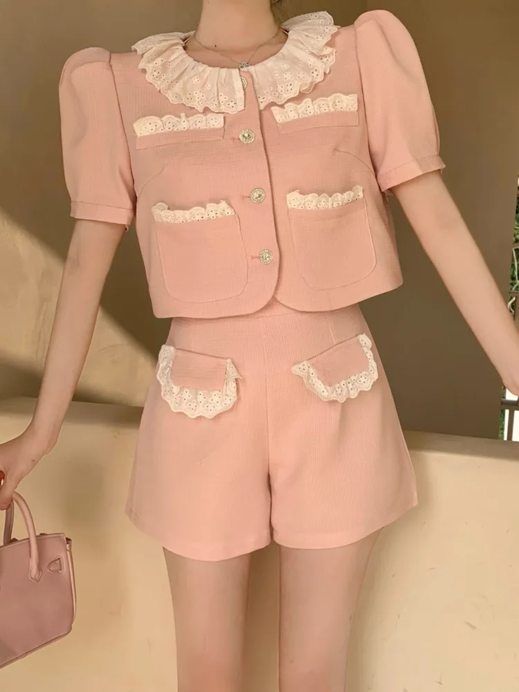 

Маленький очаровательный костюм, Летний милый корейский комплект из 2 предметов, женская рубашка, блузка, укороченный топ + мини-юбка, элегантный комплект из двух предметов