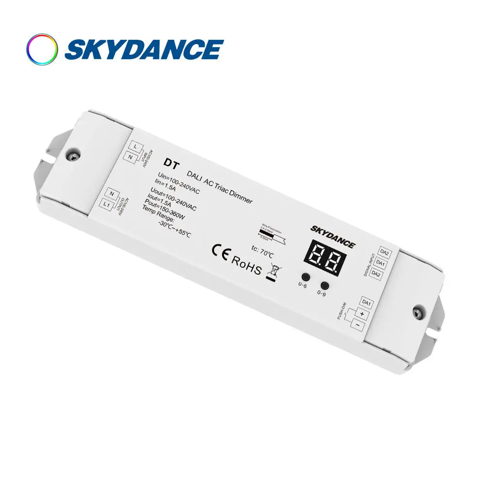 

Skydance DT AC Triac DALI LED Dimmer LED Lamp Light Halogen Lights controller 1 Channel 1.5A 150-360W Numeric Display 110V 220V