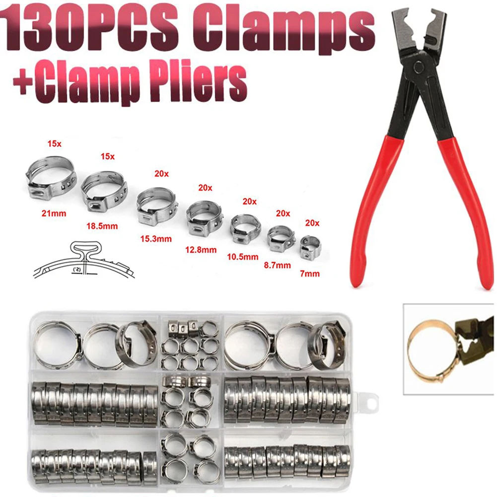 130PCS Single Ear Stepless Hose Clamp Stainless Steel+Pincer Crimper Tool Kits Adjustable Stepless Clamps Pliers Set Handle Tool
130PCS Single Ear Stepless Hose Clamp Stainless Steel+Pincer Crimper Tool Kits Adjustable Stepless Clamps Pliers Set Handle Tool