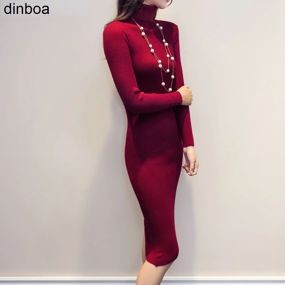 

Dinboa-chic and Elegant Woman Sweater Dress Women New Autumn Winter Elastic Long Sleeve Turtleneck Elegant Knitted Party Dresses
