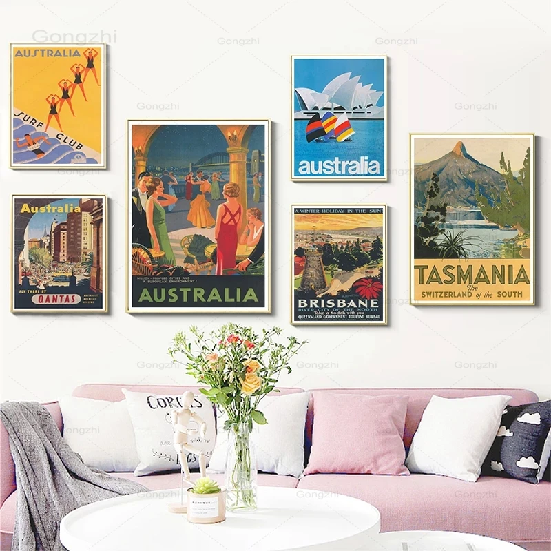 

Australia Wall Art Canvas Painting Vintage Travel Posters and Prints Traveler Gift Retro Gallery Wall Pictures Living Room Decor