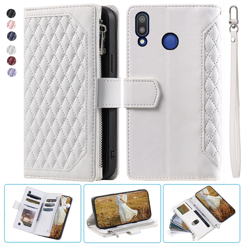 

For Samsung M20 Fashion Small Fragrance Zipper Wallet Leather Case Flip Cover Multi Card Slots Cover Folio with Wrist Strap
