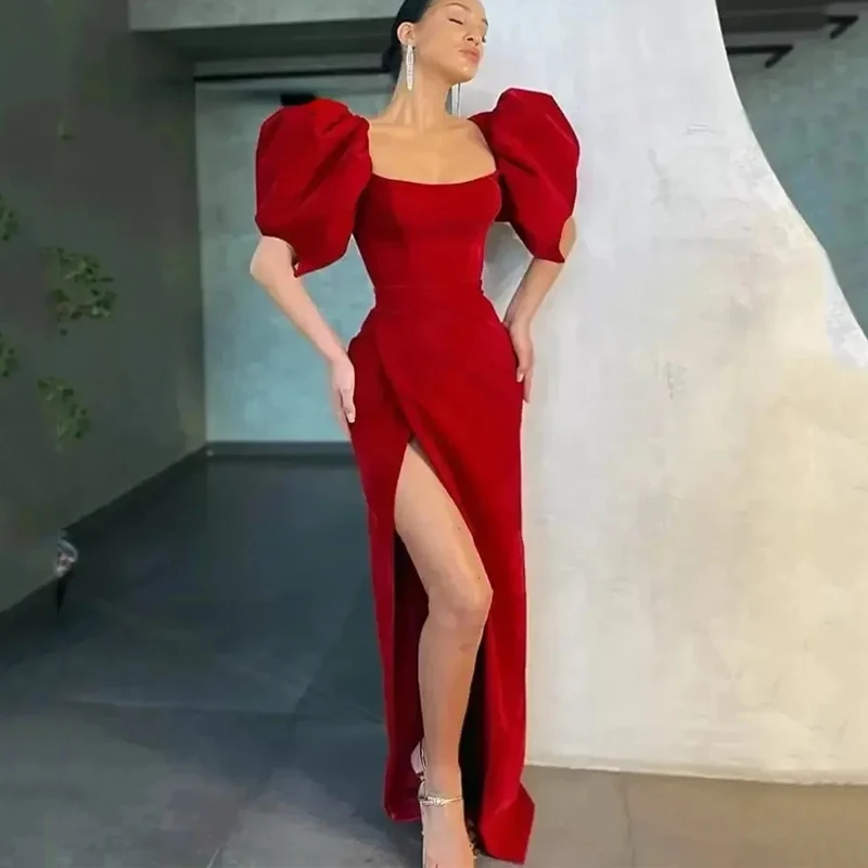 Wine Red Velour Long Evening Dress Puff Sleeves Square Neck High Side Slit Floor Length Dubai Party Prom Gown Dresses
Wine Red Velour Long Evening Dress Puff Sleeves Square Neck High Side Slit Floor Length Dubai Party Prom Gown Dresses