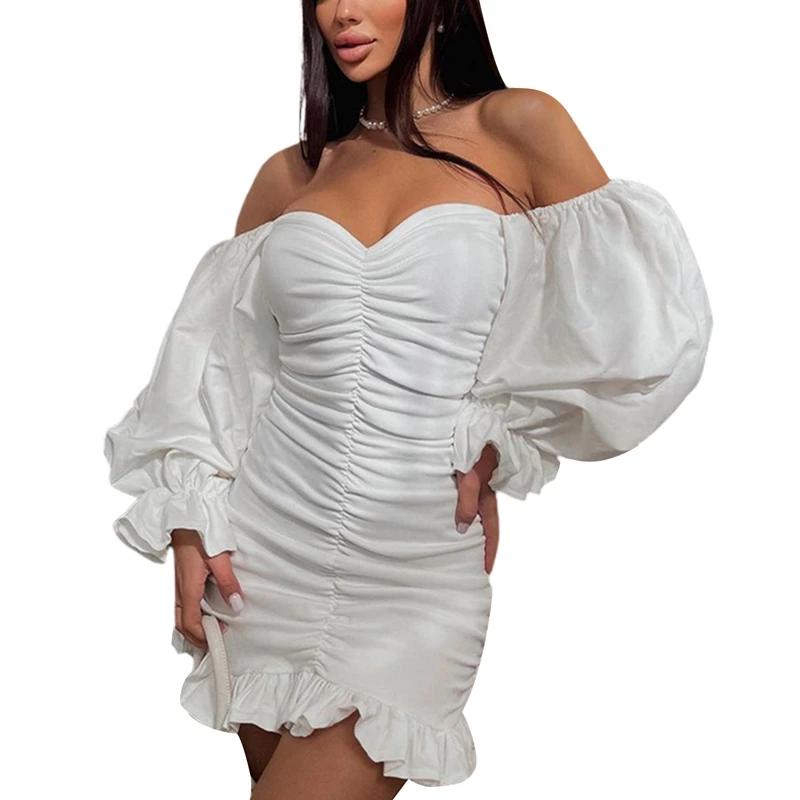 Women Bodycon Dress, Off Shoulder Long Lantern Sleeve Pleated Solid Color Skirt 2022 New Fashion
Women Bodycon Dress, Off Shoulder Long Lantern Sleeve Pleated Solid Color Skirt 2022 New Fashion