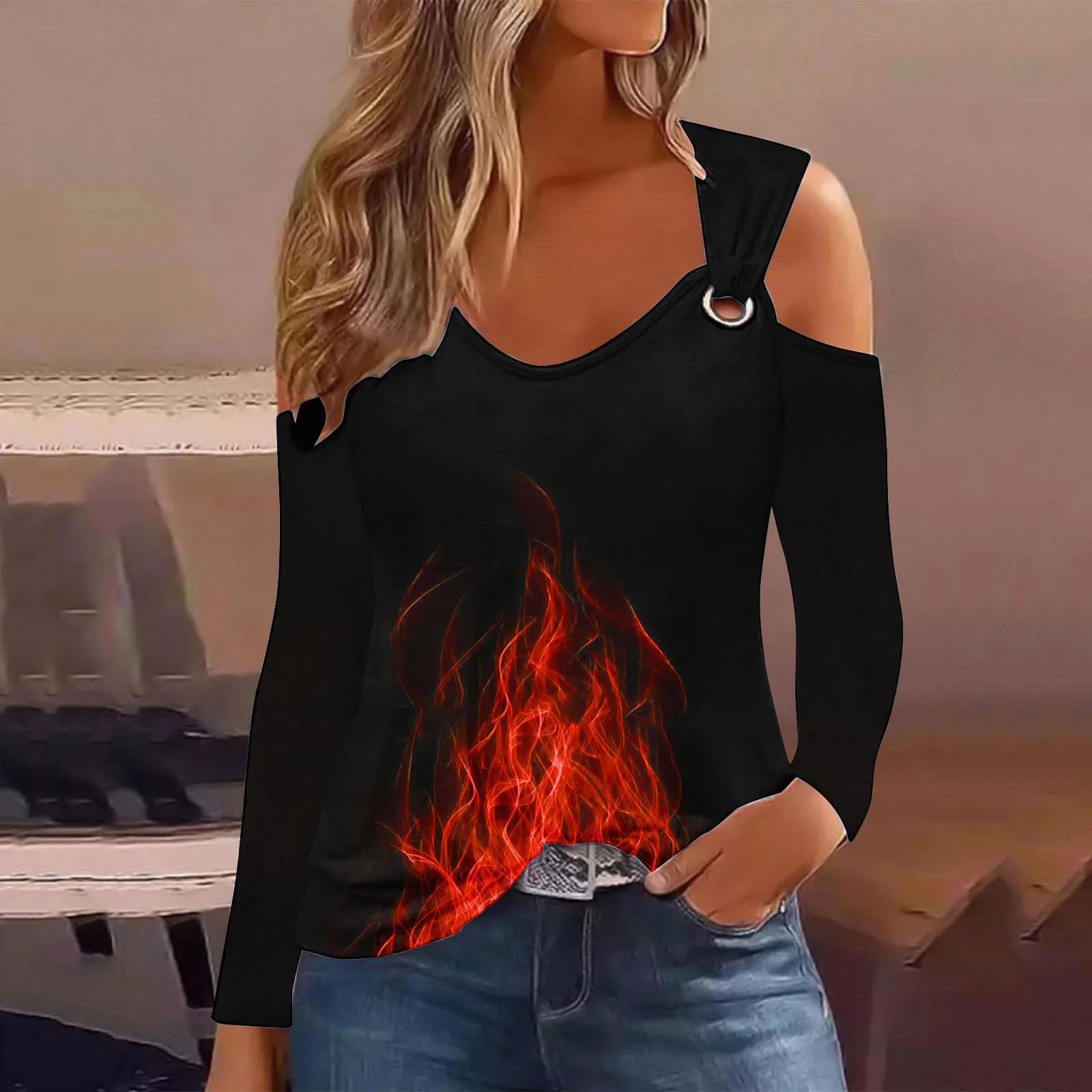 Casual Tops Clothes For Women Off Shoulder Long Sleeve Flame Printed T Shirt Fashion Commuting Top 2023 Autumn New Lady Clothing
Casual Tops Clothes For Women Off Shoulder Long Sleeve Flame Printed T Shirt Fashion Commuting Top 2023 Autumn New Lady Clothing
