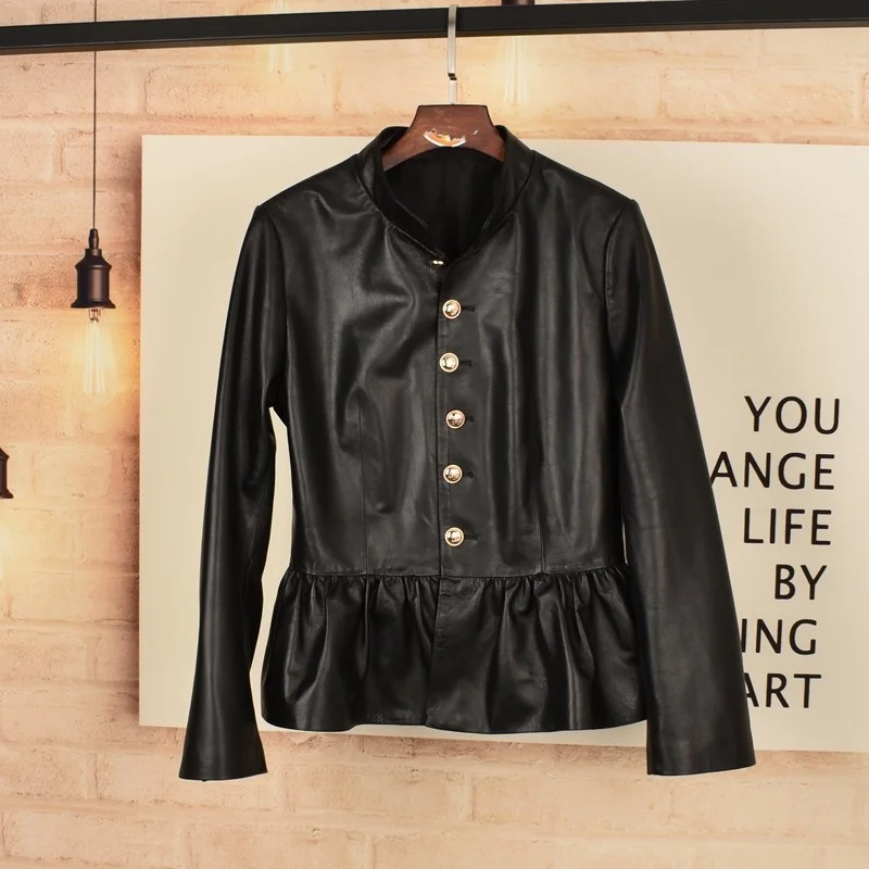 Spring Autumn Women Slim Single Breasted Sheepskin Genuine Jacket Vintage Stand Collar Ruffles Sweet Ladies Leather Coat
Spring Autumn Women Slim Single Breasted Sheepskin Genuine Jacket Vintage Stand Collar Ruffles Sweet Ladies Leather Coat