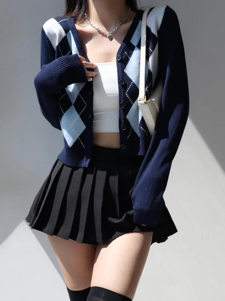 WOMONGAGA Sweet Girly Style V-neck Diamond Plaid Long-sleeved Sweater Navy Blue Cardigan-style Short Women's Clothing 8KDN
WOMONGAGA Sweet Girly Style V-neck Diamond Plaid Long-sleeved Sweater Navy Blue Cardigan-style Short Women's Clothing 8KDN