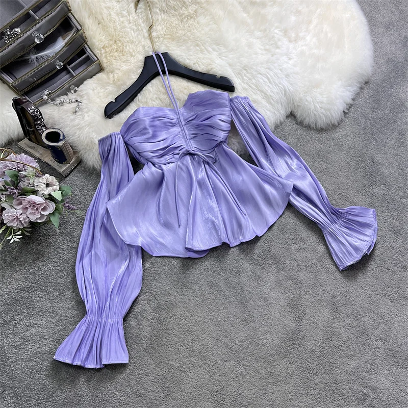Autumn Sexy Blouse for Women Blue/Navy/White Pleated Folds Hang Neck Off The Shouder Female Shirt Short Ruffles Vintage 2022 New
Autumn Sexy Blouse for Women Blue/Navy/White Pleated Folds Hang Neck Off The Shouder Female Shirt Short Ruffles Vintage 2022 New