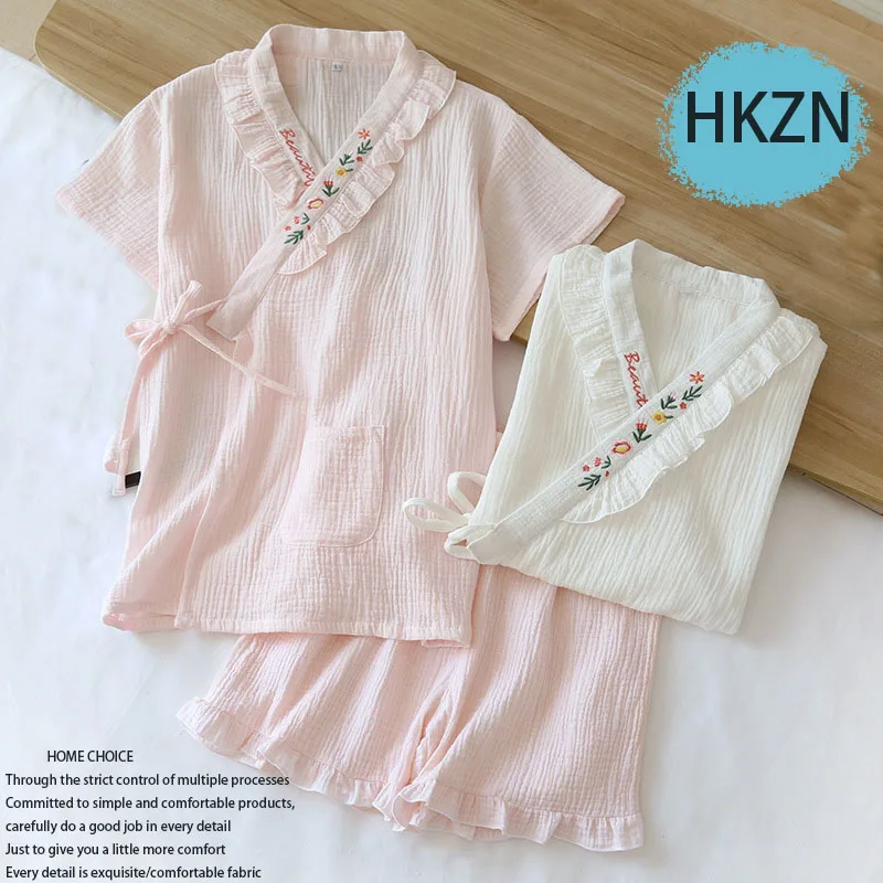 Women Sleepwear Cotton Kimono Women Pajamas Short Sleeved Shorts V Neck Lace Embroidery Two-piece Set Summer Home Wear Comfort
Women Sleepwear Cotton Kimono Women Pajamas Short Sleeved Shorts V Neck Lace Embroidery Two-piece Set Summer Home Wear Comfort