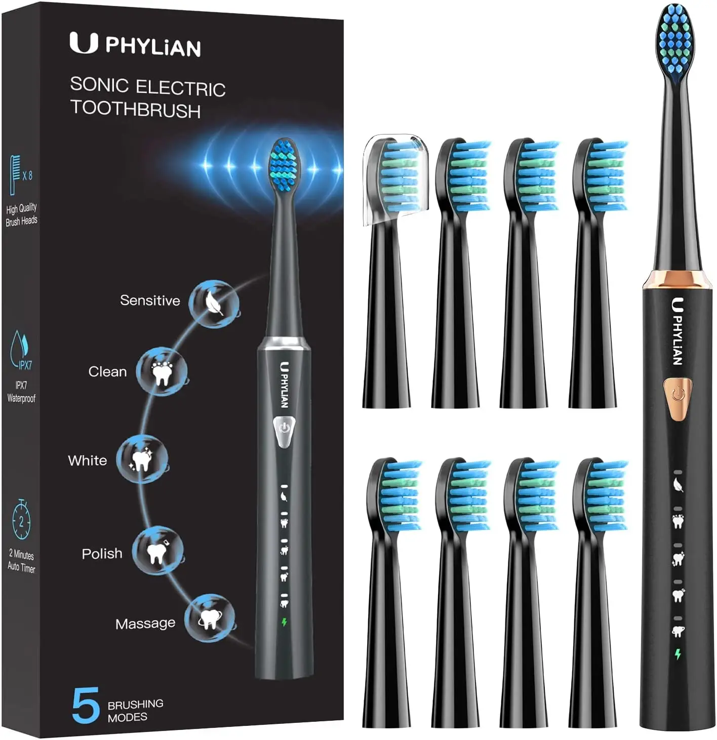 Sonic Toothbrush - PHYLIAN Rechargeable Toothbrush for Adults with 8 Duponts Brush Heads
Sonic Toothbrush - PHYLIAN Rechargeable Toothbrush for Adults with 8 Duponts Brush Heads