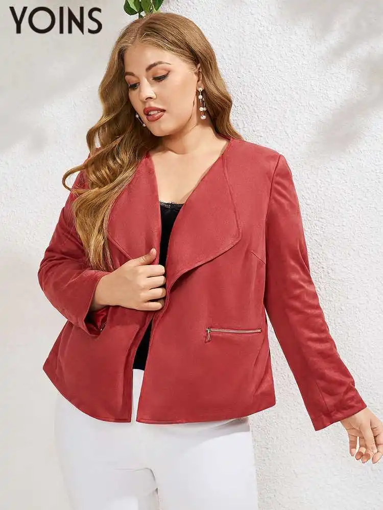 

YOINS 2023 Plus Size Outwear Women Long Sleeve Solid Autumn Jackets Faux Suede Zipper Pockets Fashion Thin Coat Female Tops 4XL