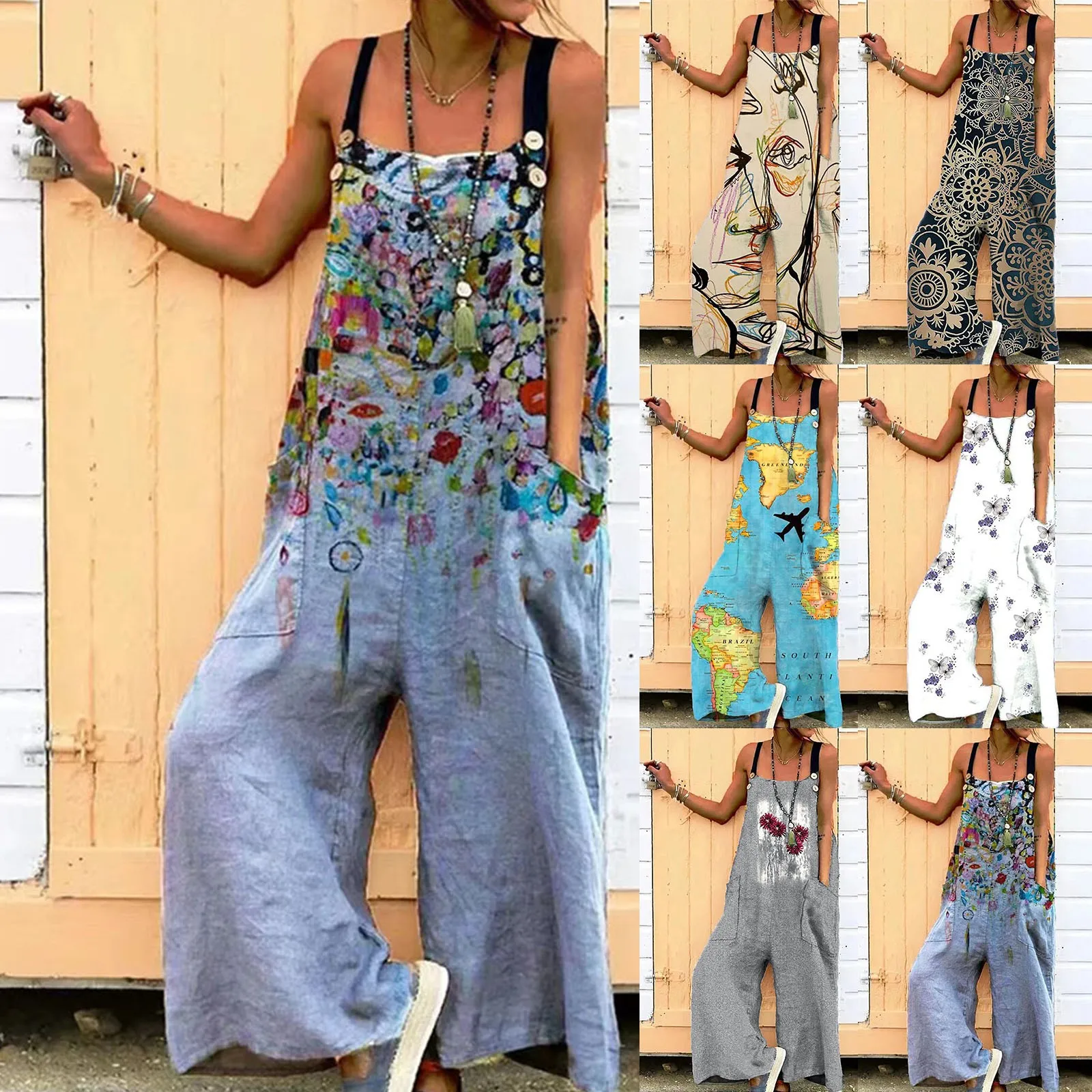 Loose Jumpsuit Women Spring Casual Harajuku Print Wide-leg Pants Button Strap Romper Summer Holiday Beach Overalls Woman
Loose Jumpsuit Women Spring Casual Harajuku Print Wide-leg Pants Button Strap Romper Summer Holiday Beach Overalls Woman