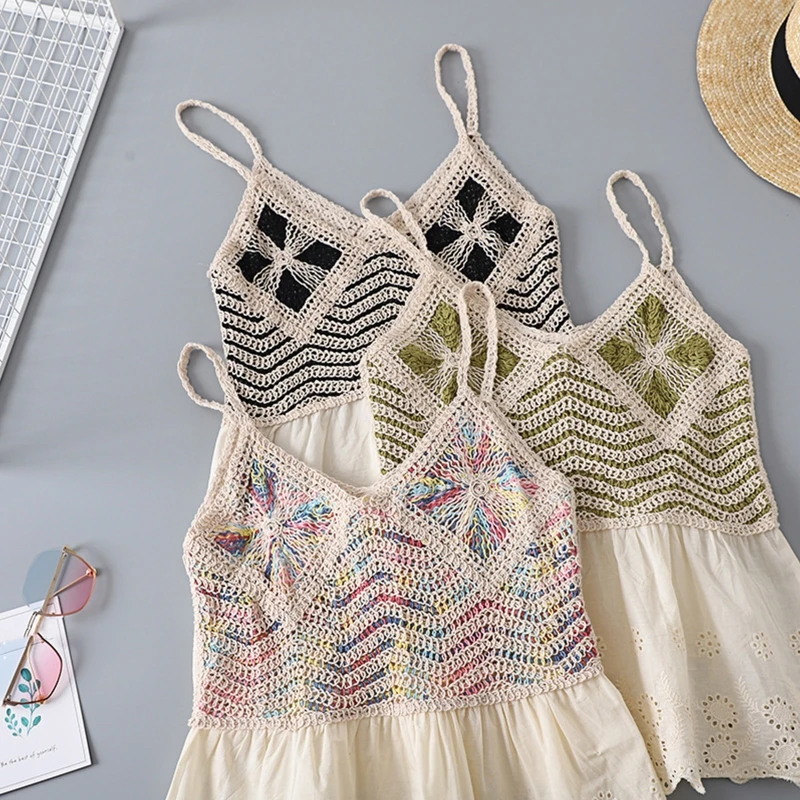 Women Sleeveless O Neckline Backless Lace Tops Vest Outerwear Hollow Camisole Halter Top Knitted Pullover Patchwork Tops 
Women Sleeveless O Neckline Backless Lace Tops Vest Outerwear Hollow Camisole Halter Top Knitted Pullover Patchwork Tops