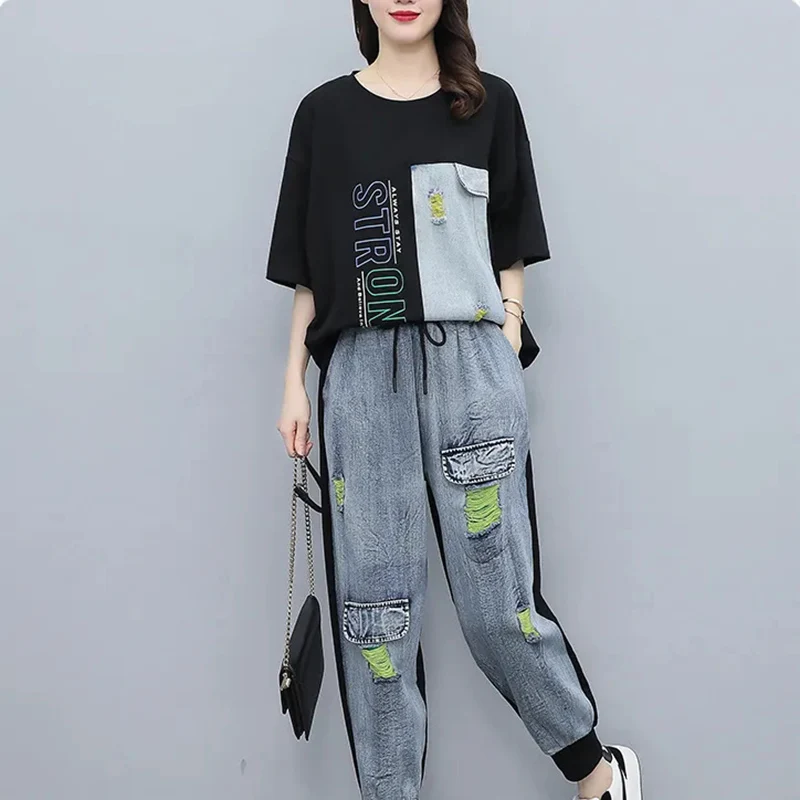 Fashion Leisure Cowboy Women Pants Suit New Summer Crew Neck Short Sleeve Tops Trousers Temperament Elegant Two Piece Set Ladies
Fashion Leisure Cowboy Women Pants Suit New Summer Crew Neck Short Sleeve Tops Trousers Temperament Elegant Two Piece Set Ladies