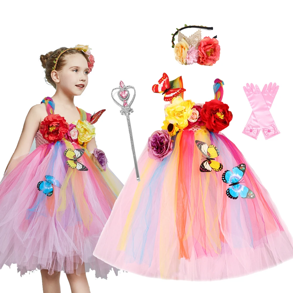 

Детское платье-пачка до колена, с цветами и бабочками