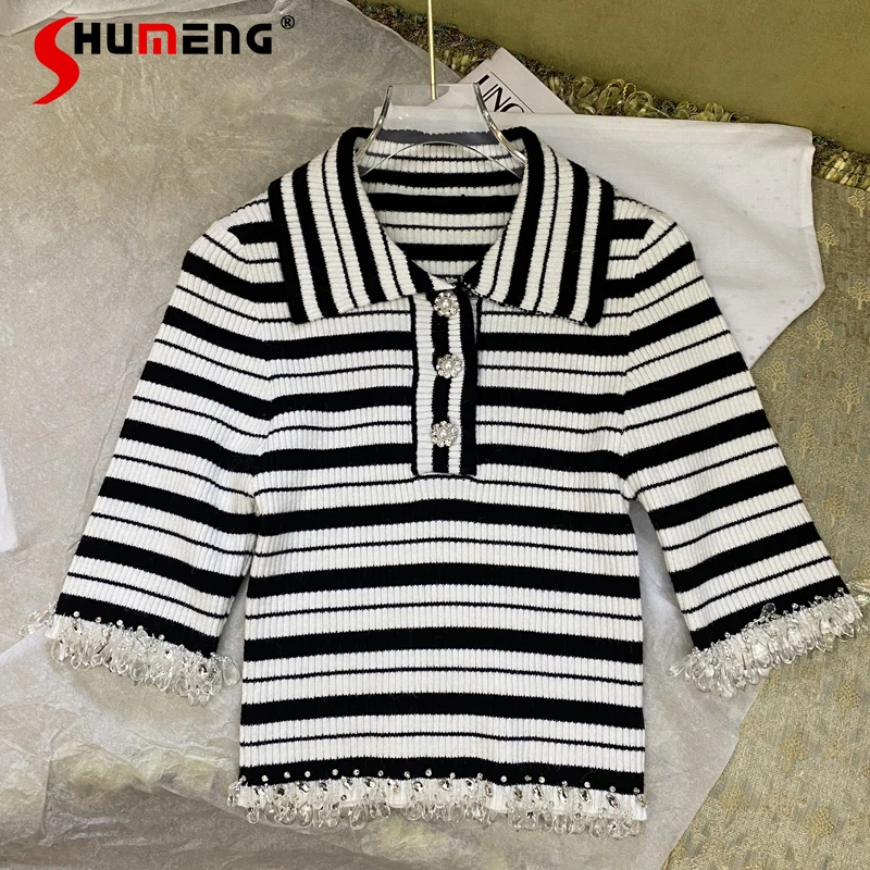 2022 Early Spring New Women's Strip Lapel Knitwear Top Ladies Fashion Elegant Beaded Diamond-Embedded Slimming Pullover Sweater
2022 Early Spring New Women's Strip Lapel Knitwear Top Ladies Fashion Elegant Beaded Diamond-Embedded Slimming Pullover Sweater