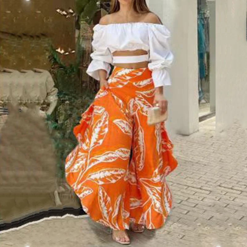 Spring New Beach Print Two-piece Set Fashion Loose Holiday Outfits Women Slash Neck Crop Top+Ruffle Wide Leg Pants Casual Suit
Spring New Beach Print Two-piece Set Fashion Loose Holiday Outfits Women Slash Neck Crop Top+Ruffle Wide Leg Pants Casual Suit