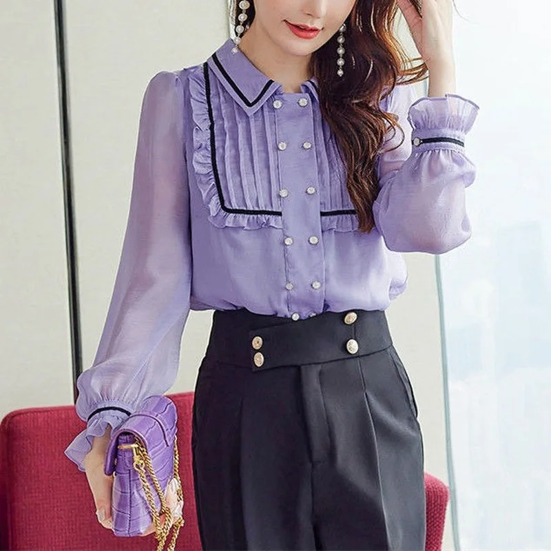 

Fairy Women Purple Chiffon Ruffles Shirts Perspective OL Lotus Pleated Blouses Long-sleeved Autumn Turn Down Collar Tops Blusas