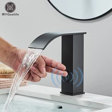 Black Sensor Basin Faucet Bathroom Automatic Sensor Watefall Faucet Touchless Free Touch Sink Tap Hot Cold Water Mixer Crane
