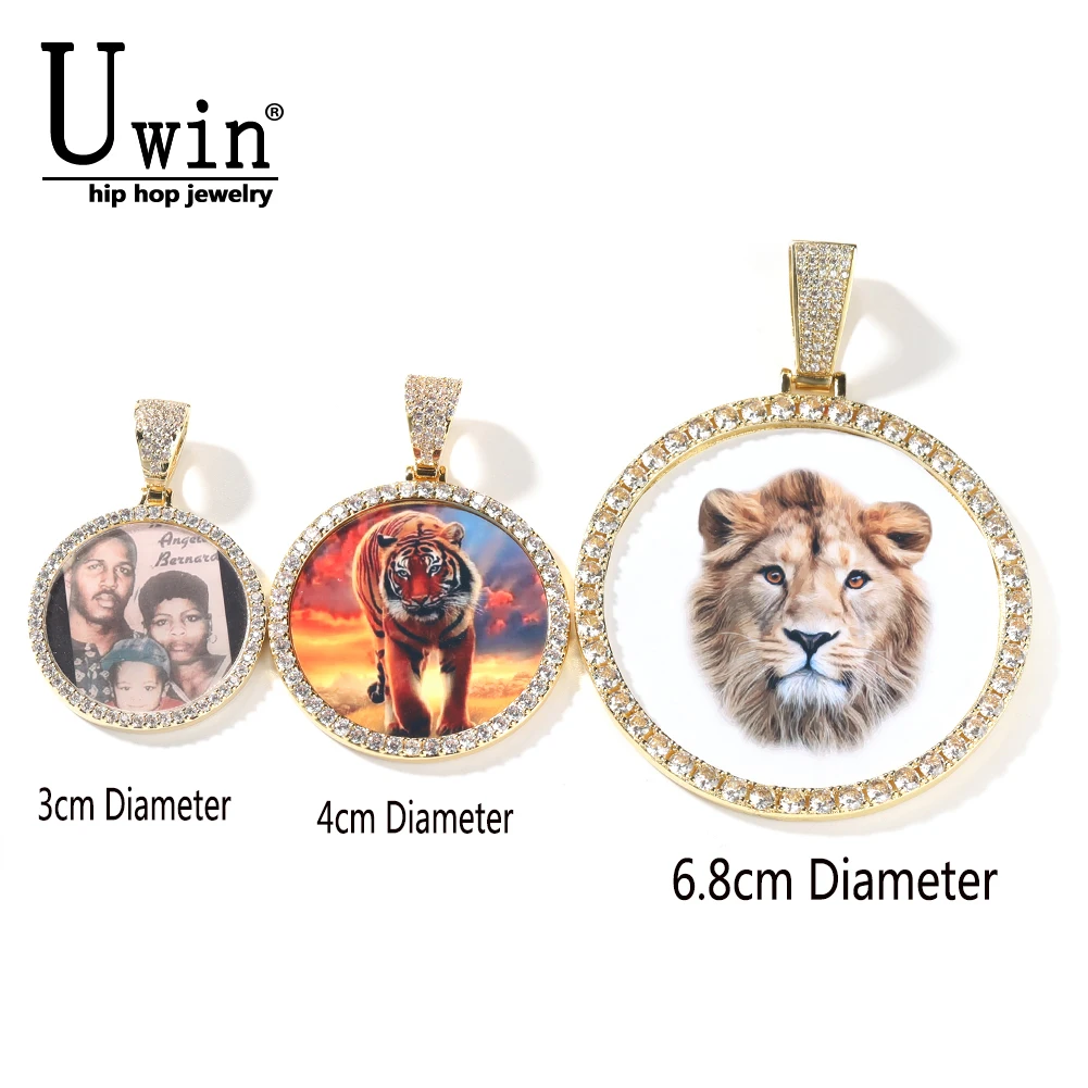 

UWIN Oversize Large Round Custom Photo Pendant Necklace Iced Out CZ Engrave Name Hiphop Jewelry Memory Gifts