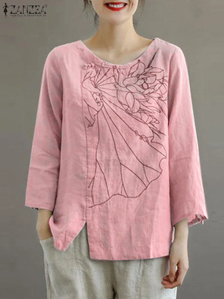 

ZANZEA Autumn Women Floral Embroidery Blouse Vintage Tunic Tops Casual Loose Holiday Shirt Chemise Femininas 3/4 Sleeve Blusas