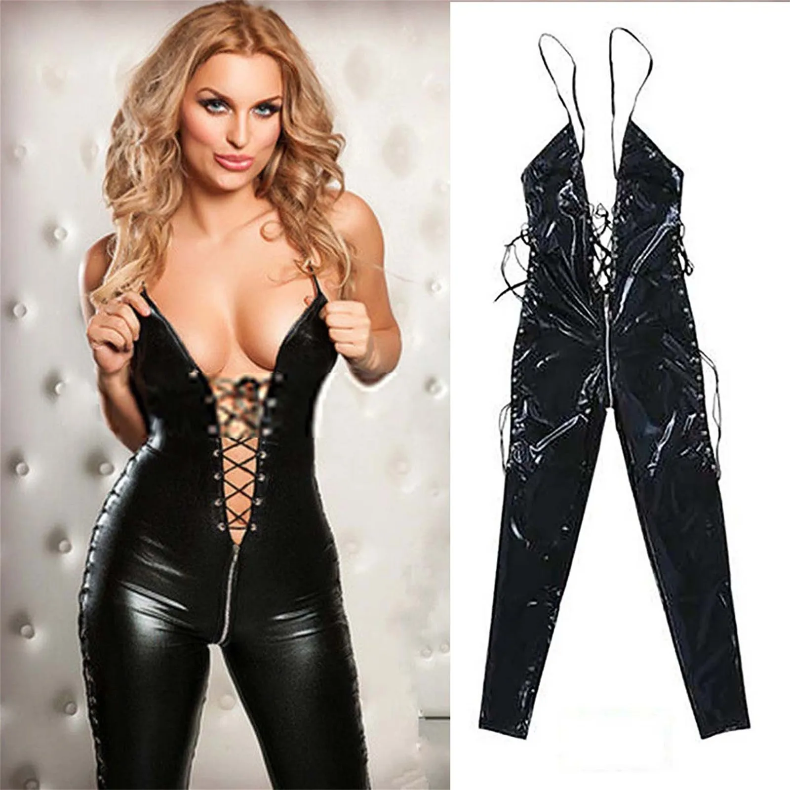 Ladies Party Lace-up Pole Dance Overalls Shiny PVC Leather Sexy Fitting Bodysuit Zipper Open Crotch Wet Look Clubwear Jumpsuits
Ladies Party Lace-up Pole Dance Overalls Shiny PVC Leather Sexy Fitting Bodysuit Zipper Open Crotch Wet Look Clubwear Jumpsuits