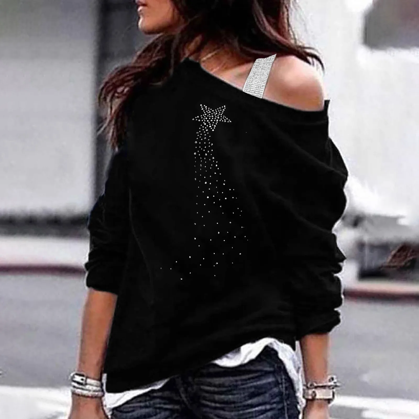 

Women'S Casual Shirts Top Off-The-Shoulder Diamond-Studded Printed Sexy Top Long-Sleeved Cotton Soft T-Shirt Shirts Hide Sweat