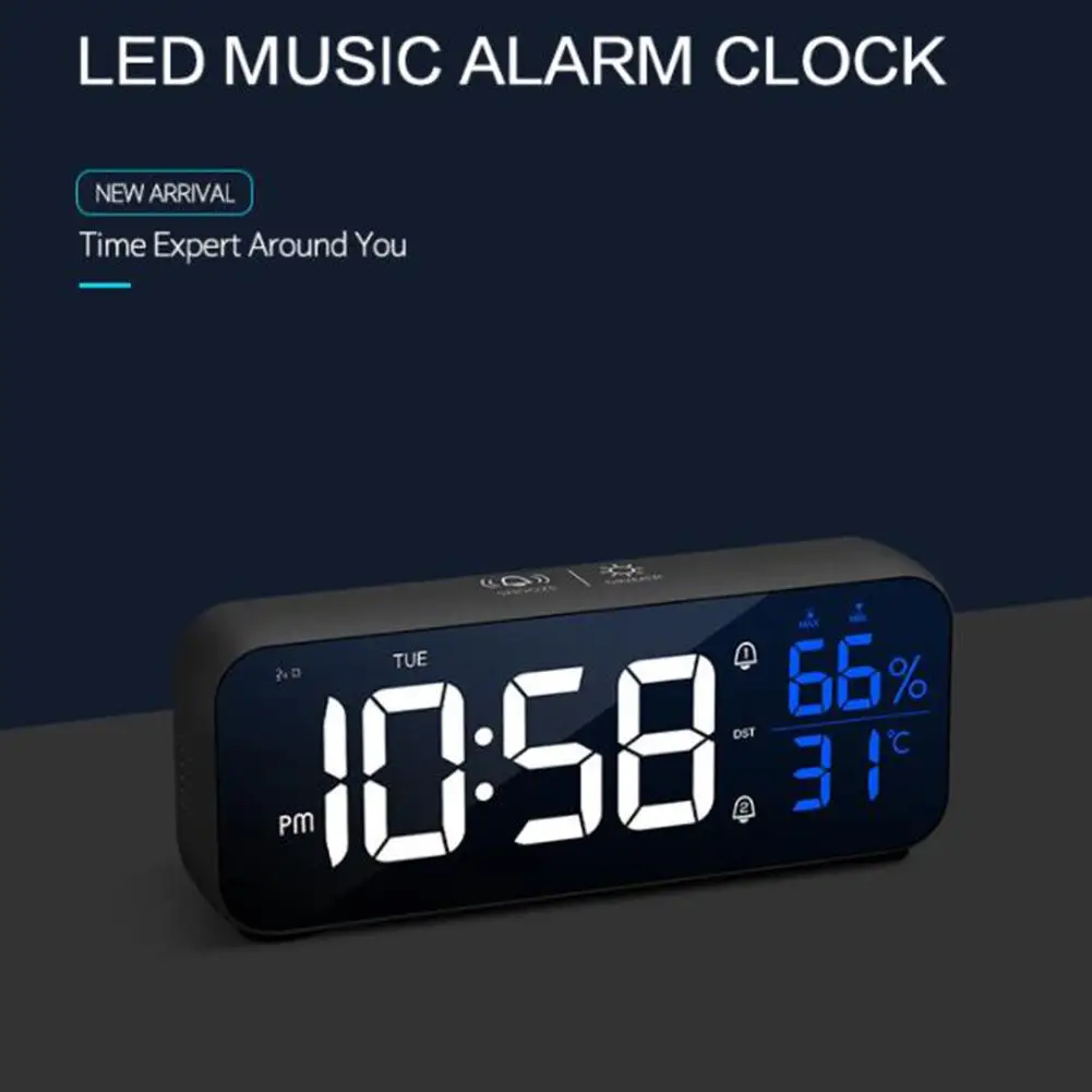 

Music LED Digital Alarm Clock 12/24 Hour Adjustable Volume Mirror Clocks Temperature Humidity Snooze Rechargeable Table Clock