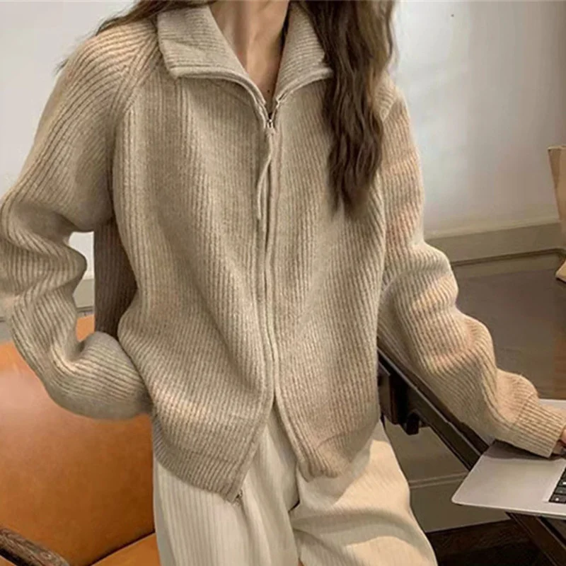 Knitted Cardigan Women's Zipper Autumn/winter Lapel Solid Color Lazy Style Outerwear Sweater Jacket Top Women's Clothing
Knitted Cardigan Women's Zipper Autumn/winter Lapel Solid Color Lazy Style Outerwear Sweater Jacket Top Women's Clothing