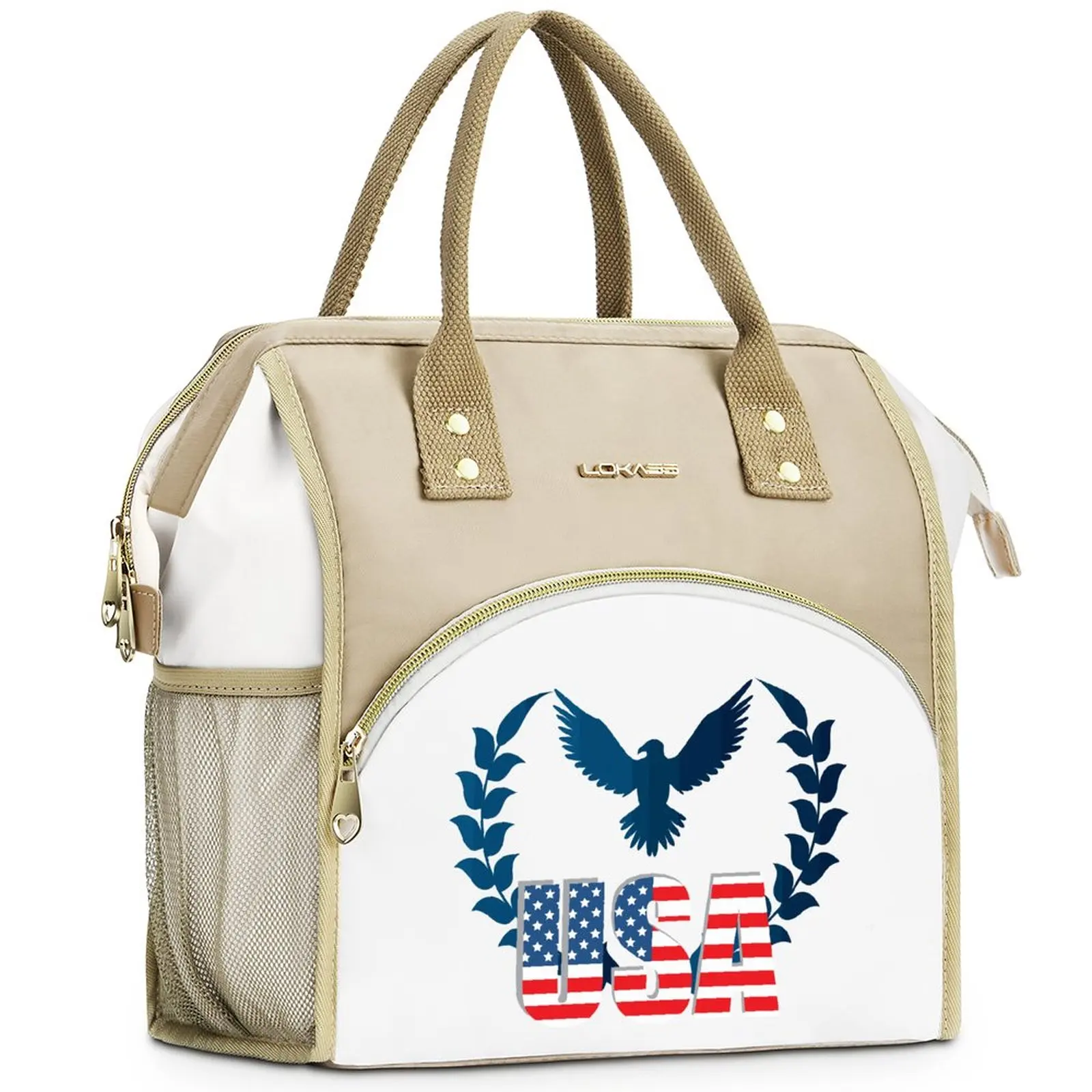 

American Flag Patriotic Lunch Bag with Handle Stars and Stripes Capri Clutch Cooler Bag Office Fancy Pearl Cotton Thermal Bag