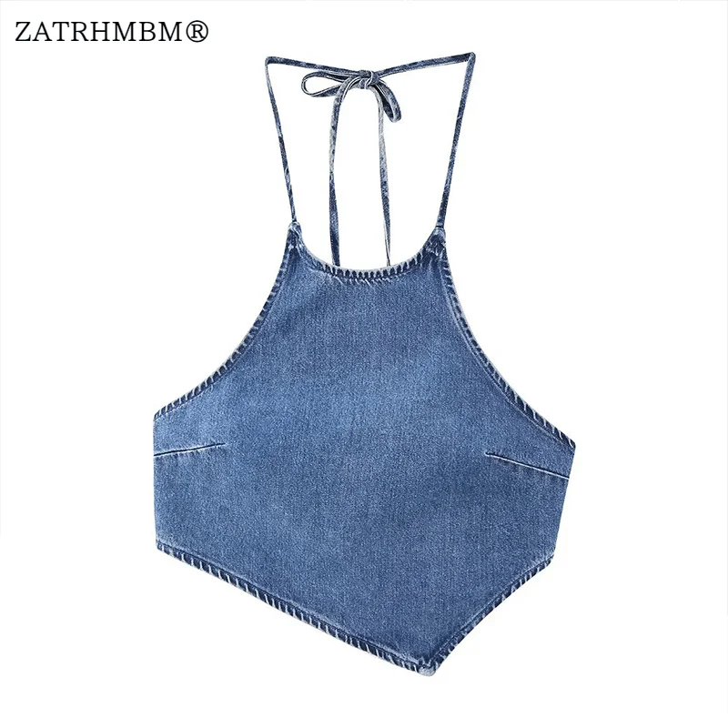 

ZATRHMBM Women 2023 Summer New Fashion Halter Neck Denim Tank Tops Vintage Sleeveless Cropped Female Camis Mujer