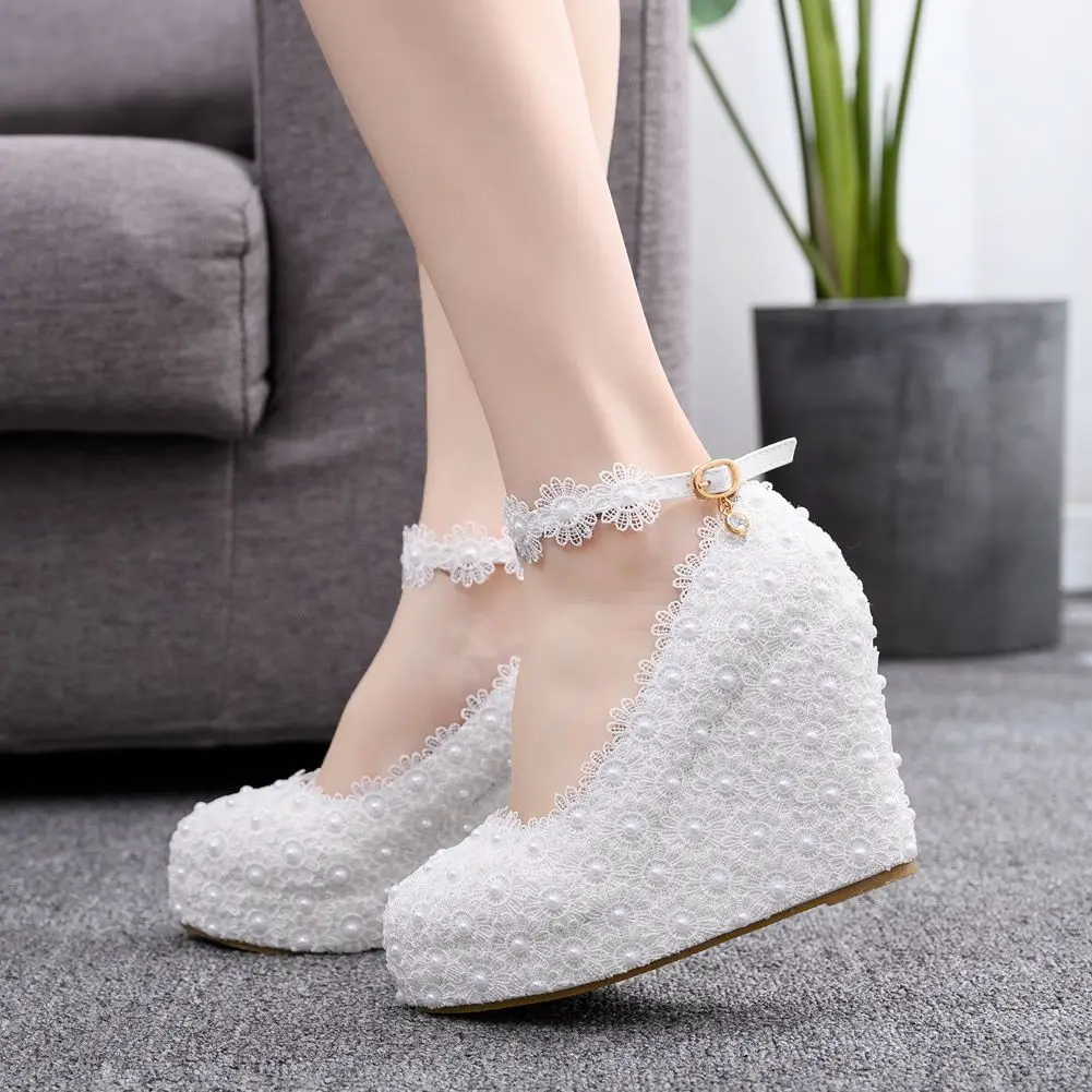 

Elegant Lace Beads Wedding Bridal Women Shoes Plus Size Wedges Thick High Heels Comfortable Chunky Heeled Platform Pumps H0193