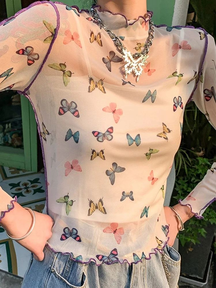Butterfly Print Women T-shirt See Through Transparent Mesh Tops Long Sleeve Korean Aesthetic Ladies Turtleneck Tee Top Y483
Butterfly Print Women T-shirt See Through Transparent Mesh Tops Long Sleeve Korean Aesthetic Ladies Turtleneck Tee Top Y483