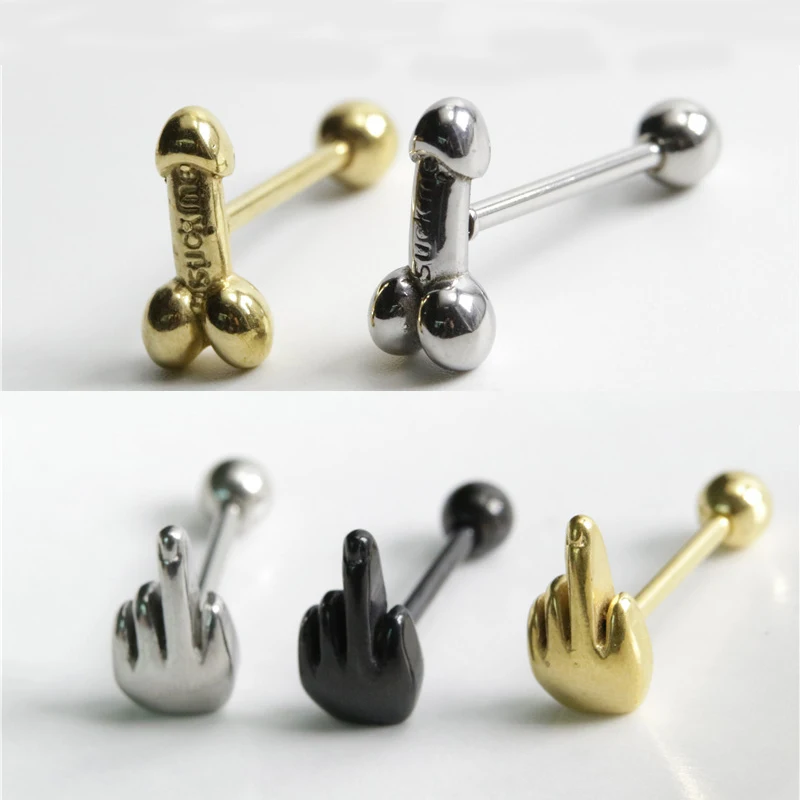 

1PC New Trend Punk Style Titanium Steel Male Organ Earrings Metal Vertical Middle Finger Tongue Nails Body Piercing Jewelry