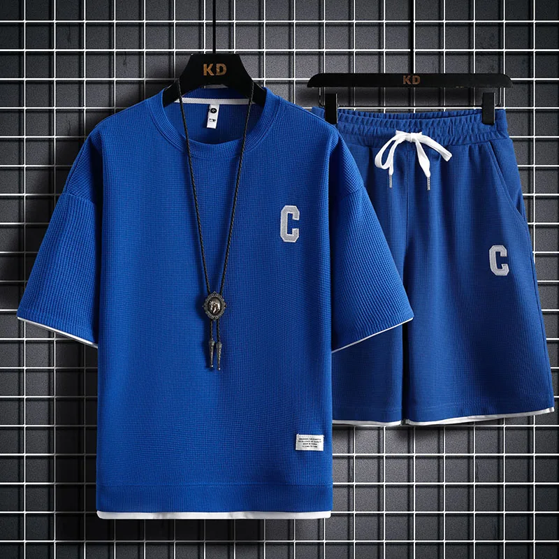 Мужской повседневный спортивный костюм, однотонный костюм из двух предметов, футболка с вафельным принтом и шорты в уличном стиле, лето 2023