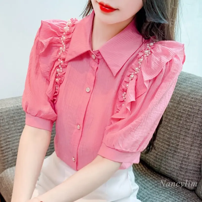 Летние розовые блузки, шифоновая рубашка с коротким рукавом, новый дизайн 2023, красивые блузки с оборками и бисером на плечах, женские блузы 
Летние розовые блузки, шифоновая рубашка с коротким рукавом, новый дизайн 2023, красивые блузки с оборками и бисером на плечах, женские блузы