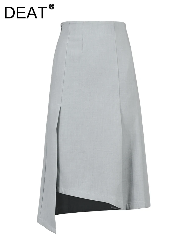 

DEAT Fashion Women's Skirt Hight Waist Asymmetric Jag Zip Fly Solid Color Regular Mid-calf Suit Skirts Summer 2023 New CP0535