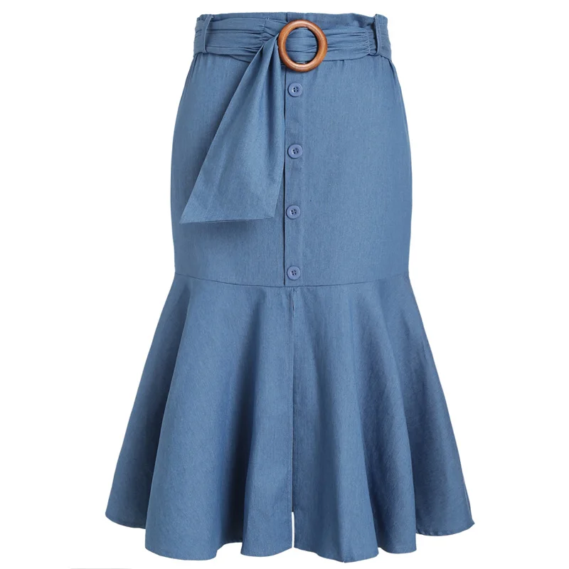 

Plus Size Skirt Chambray Skirt Mock Button Solid Color Belted Flounce A Line Midi Skirt