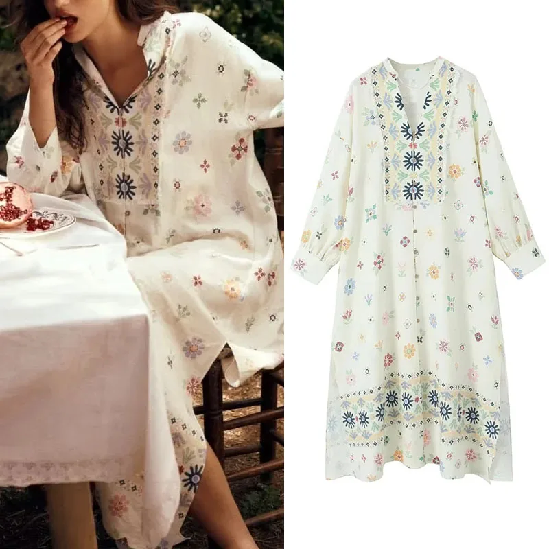 TRAF Printed Loose Dress For Woman Round Collar With V-Neck Long Sleeves Dresses Side Split Button Up Long Dress Summer Vintage 
TRAF Printed Loose Dress For Woman Round Collar With V-Neck Long Sleeves Dresses Side Split Button Up Long Dress Summer Vintage