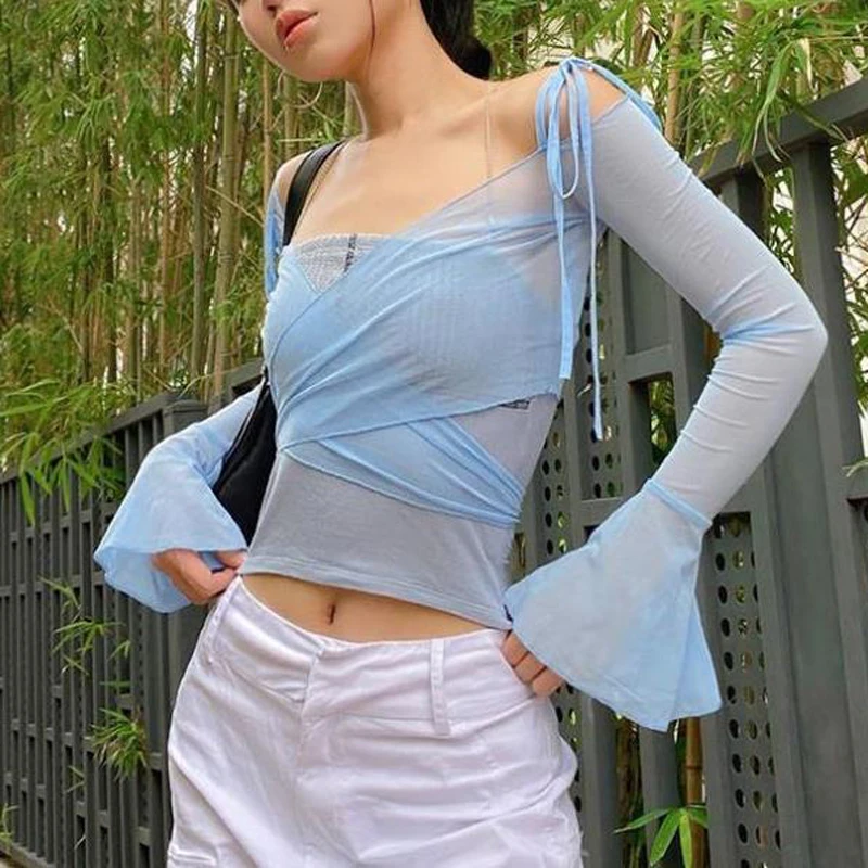 Новое поступление, Женская Повседневная футболка с рукавом-фонариком, модные однотонные топы из сетчатой пряжи с открытым пупком 
Новое поступление, Женская Повседневная футболка с рукавом-фонариком, модные однотонные топы из сетчатой пряжи с открытым пупком