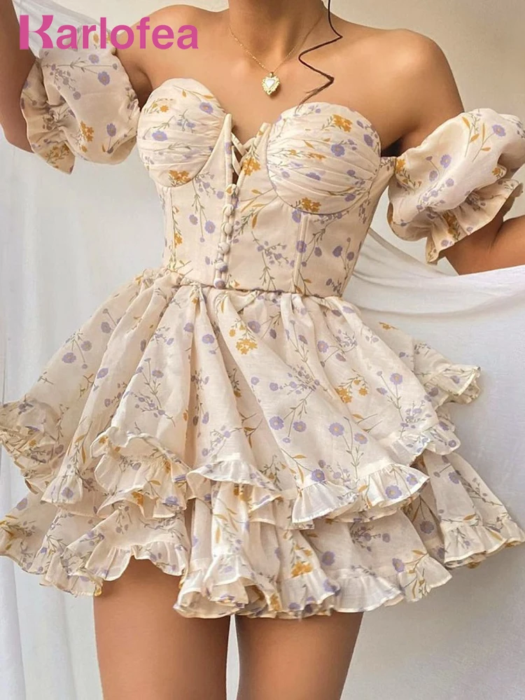 Karlofea Summer Vintage Floral Ruffles Mini Dress Short Puff Sleeve Backless Strapless Boning Corset Vacation Party Outfits Robe
Karlofea Summer Vintage Floral Ruffles Mini Dress Short Puff Sleeve Backless Strapless Boning Corset Vacation Party Outfits Robe