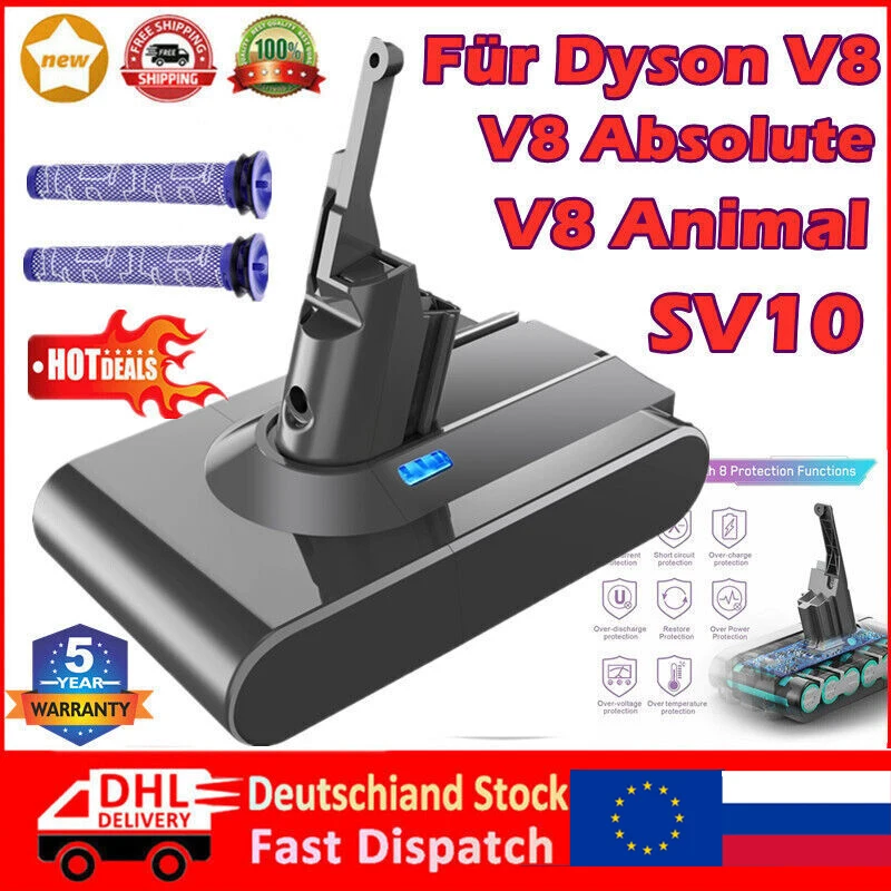 6.0Ah 21.6V For Dyson V8 Battery V8 Absolute Pro SV10 Animal Fluffy Vacuum Cleaner rechargeable Battery Cordless & 2x Filters
6.0Ah 21.6V For Dyson V8 Battery V8 Absolute Pro SV10 Animal Fluffy Vacuum Cleaner rechargeable Battery Cordless & 2x Filters