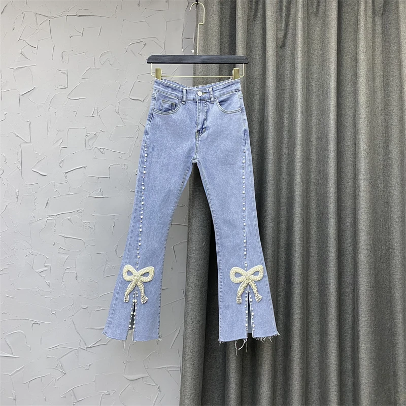 

Light Blue Flared Jeans Women's Trousers 22 New Spring Elegant Slim High Waist Bow Beaded Bootcut Trouser Office Lady Jean Pants